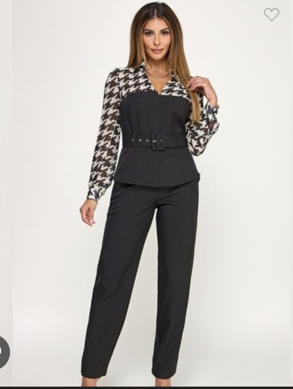 Boutique | Houndstooth Jacket with Beige Belted Bustier and Trousers